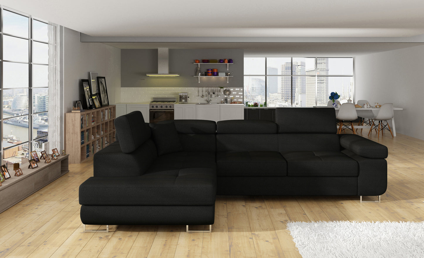 Narożnik Anton Sawana 14 czarny – pełny widok w przestronnym salonie.