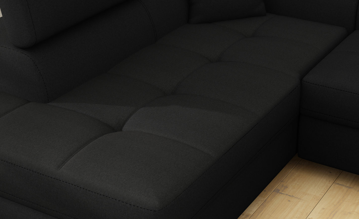 Zbliżenie na siedzisko narożnika Anton w kolorze Sawana 14 czarny.