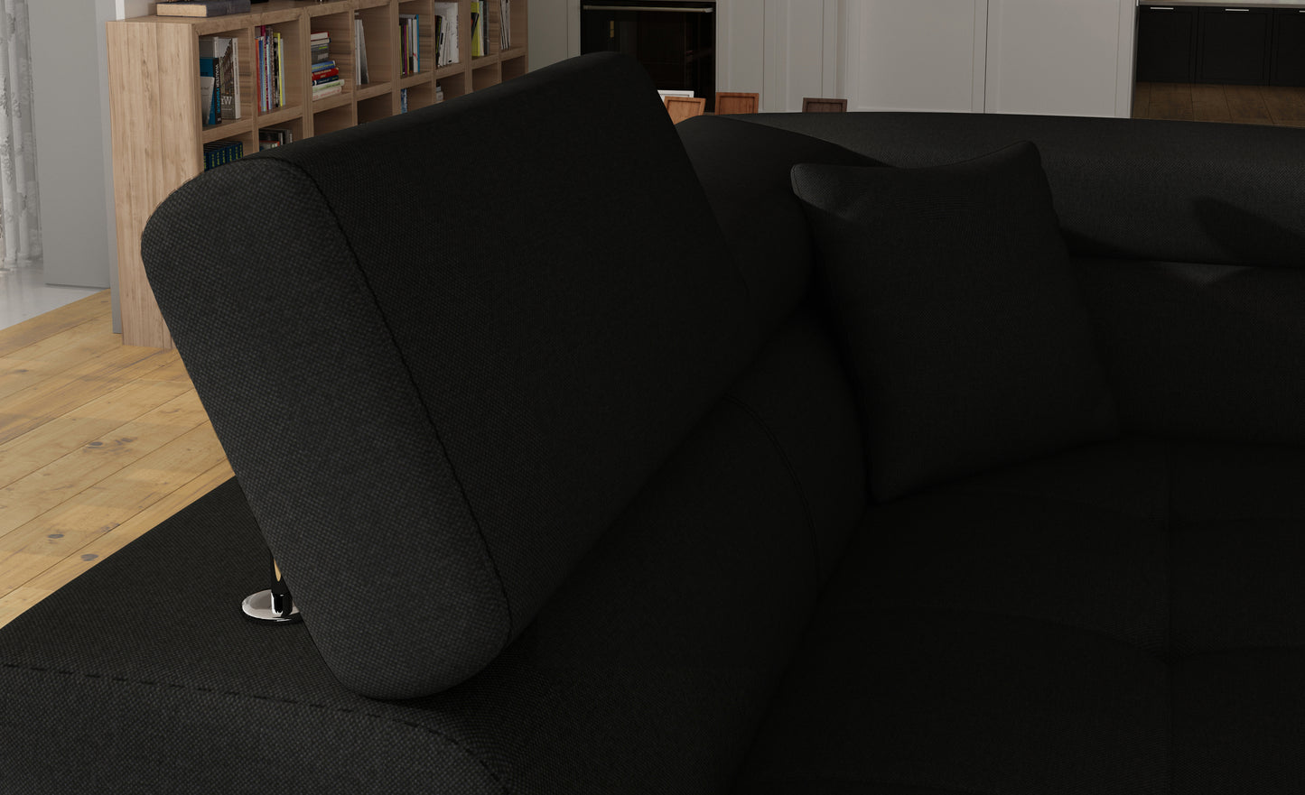 Zagłówek i poduszka narożnika Anton Sawana 14 czarny – detal wykończenia.