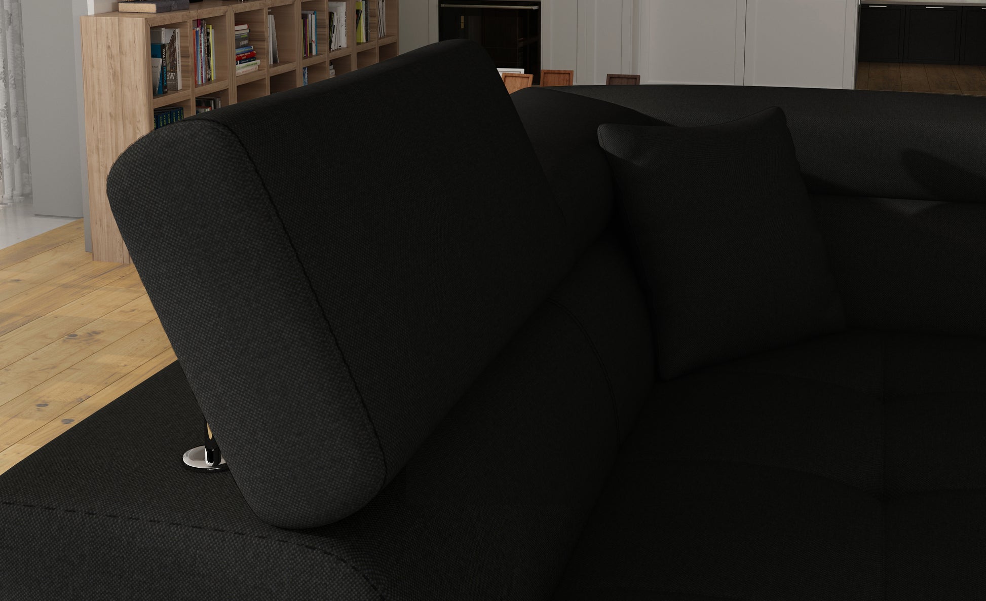 Zagłówek i poduszka narożnika Anton Sawana 14 czarny – detal wykończenia.