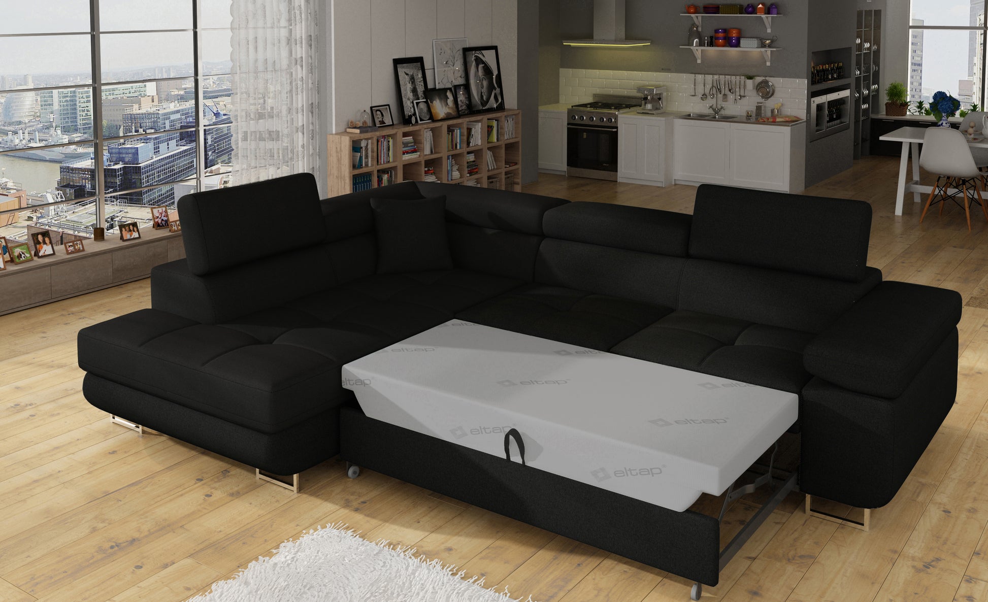 Narożnik Anton Sawana 14 czarny rozłożony do funkcji spania – widok w salonie.