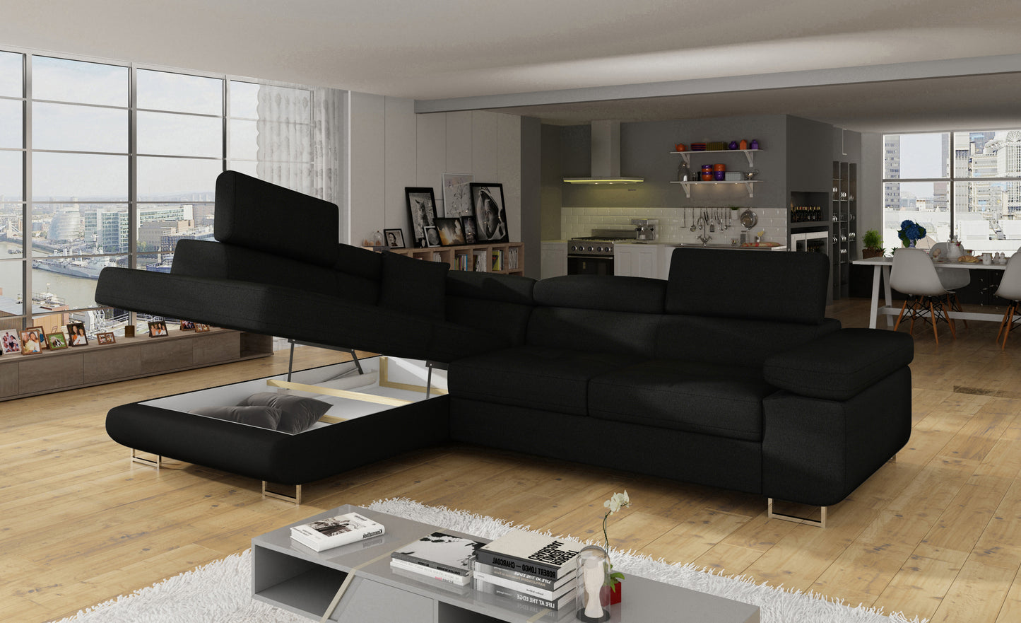 Narożnik Anton Sawana 14 czarny z otwartym pojemnikiem na pościel.