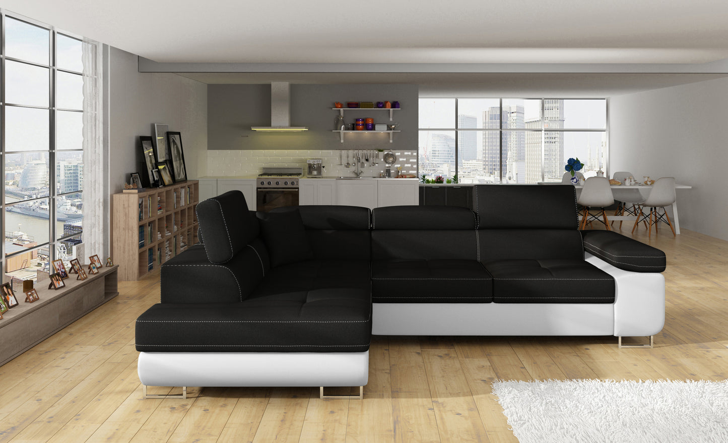 Narożnik Anton Sawana 14 czarny / Soft 17 biały – pełny widok w przestronnym salonie.