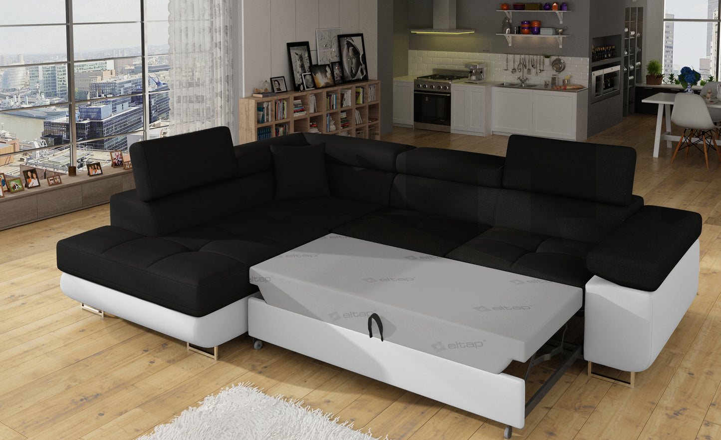 Narożnik Anton Sawana 14 czarny / Soft 17 biały rozłożony do funkcji spania – widok w salonie.