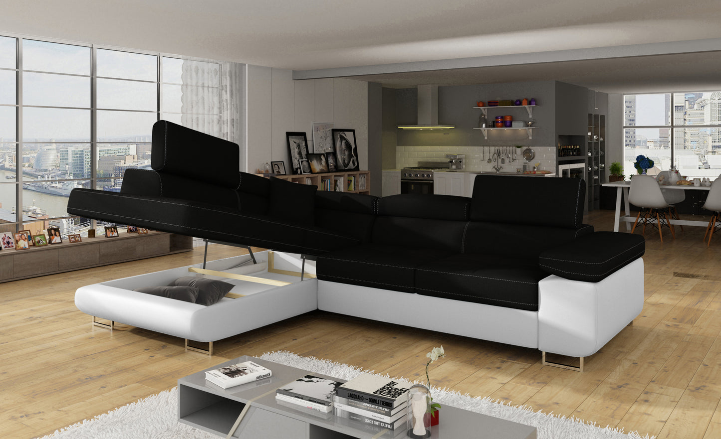 Narożnik Anton Sawana 14 czarny / Soft 17 biały z otwartym pojemnikiem na pościel.