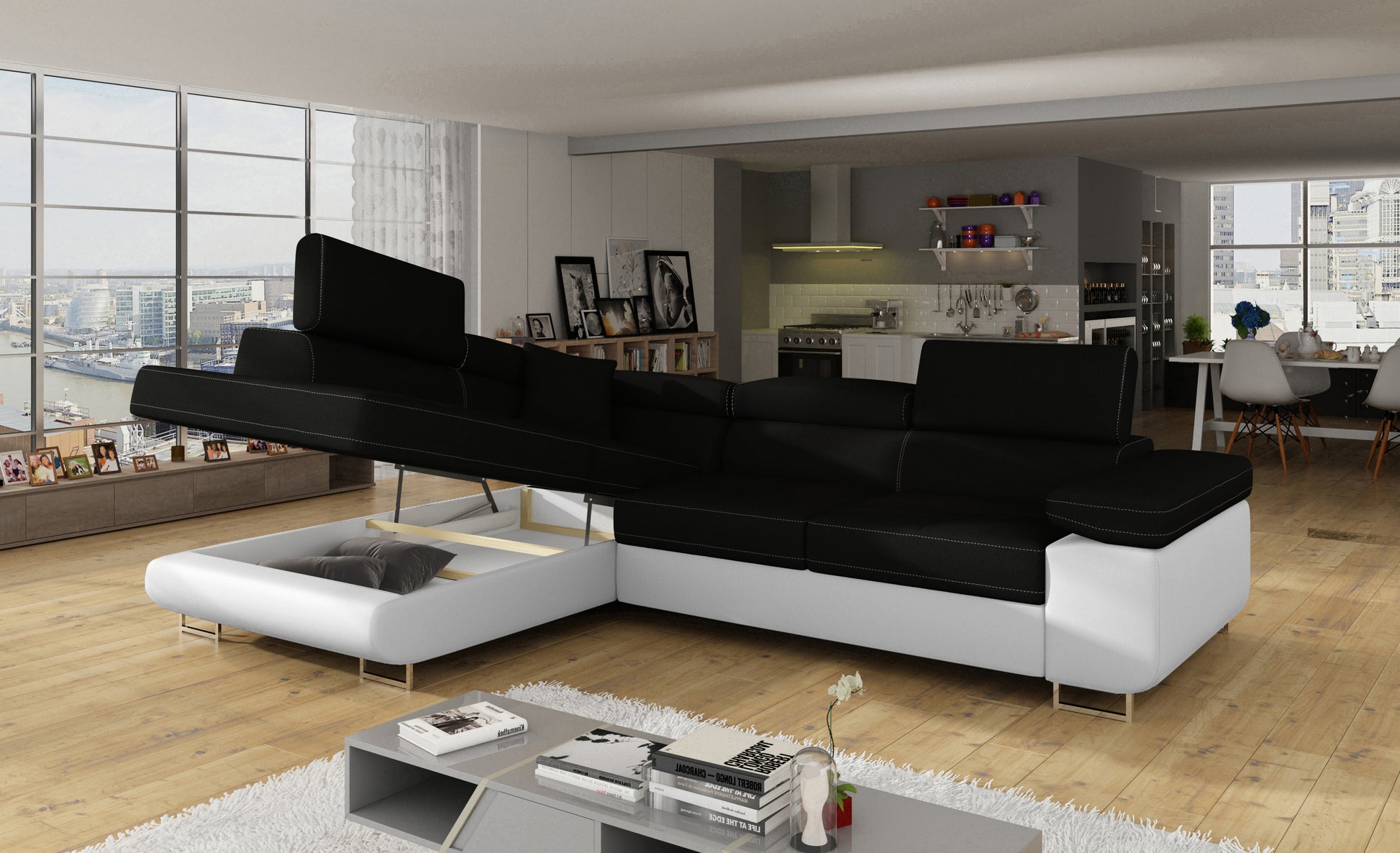 Narożnik Anton Sawana 14 czarny / Soft 17 biały z otwartym pojemnikiem na pościel.