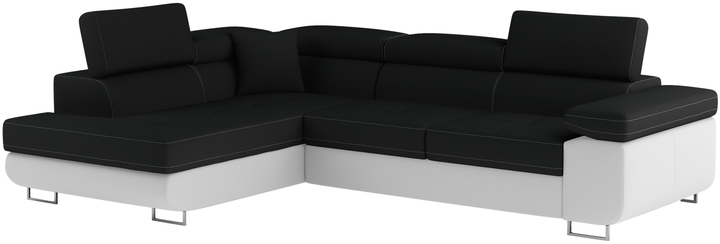 Narożnik Anton w kolorze Sawana 14 czarny / Soft 17 biały, układ lewy – widok z przodu pod kątem.