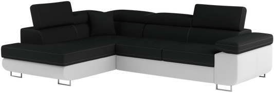 Narożnik Anton w kolorze Sawana 14 czarny / Soft 17 biały, układ lewy – widok z przodu pod kątem.