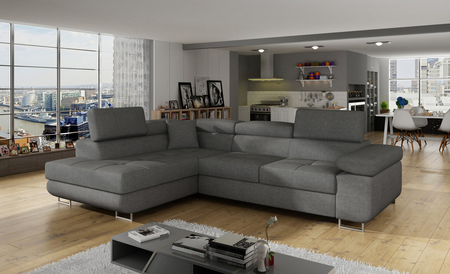 Narożnik Anton Sawana 21 szary w aranżacji nowoczesnego salonu.