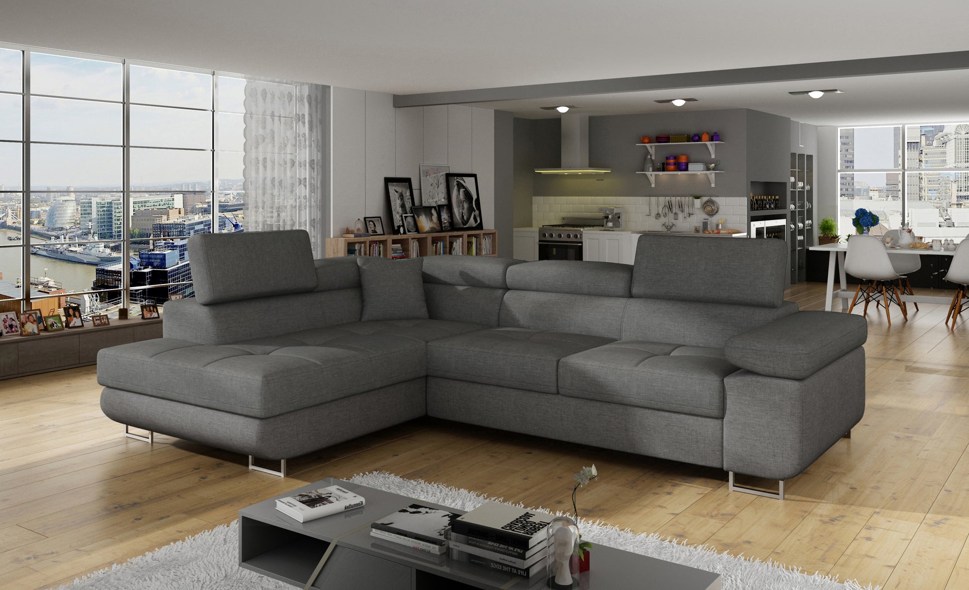 Narożnik Anton Sawana 21 szary w aranżacji nowoczesnego salonu.