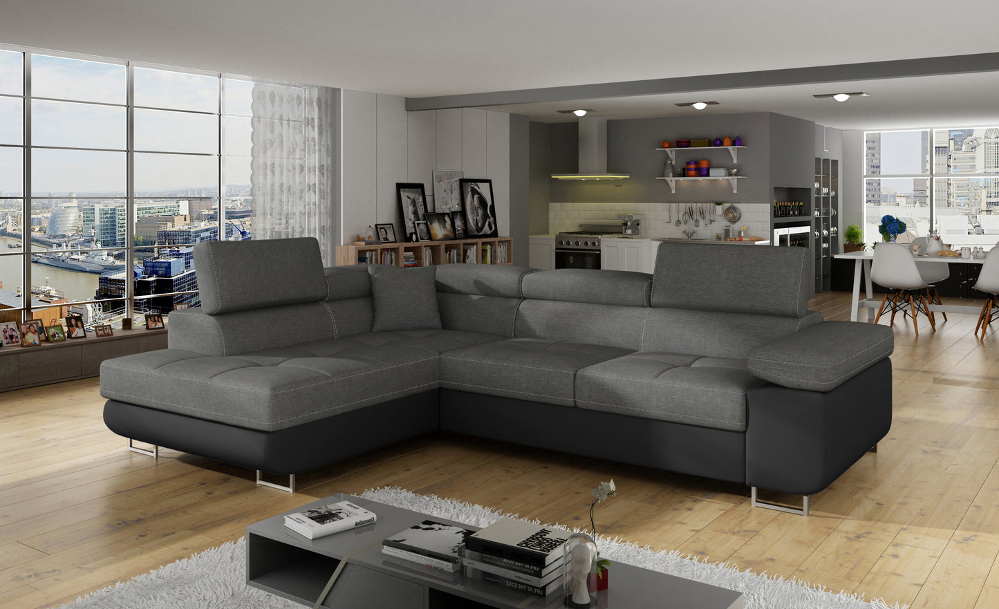 Narożnik Anton Sawana 21 szary / Soft 11 czarny w aranżacji nowoczesnego salonu.