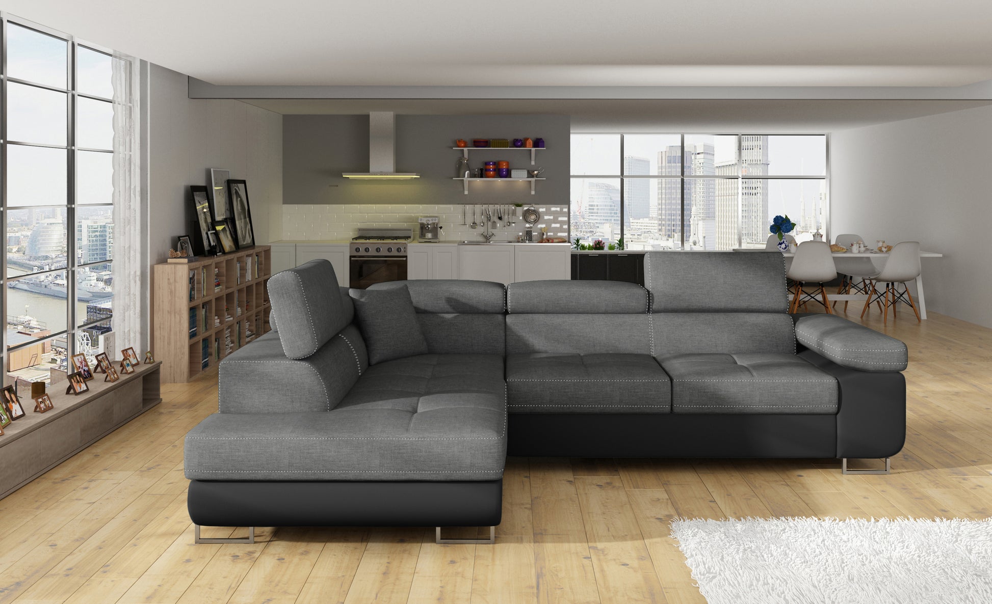Narożnik Anton Sawana 21 szary / Soft 11 czarny – pełny widok w przestronnym salonie.