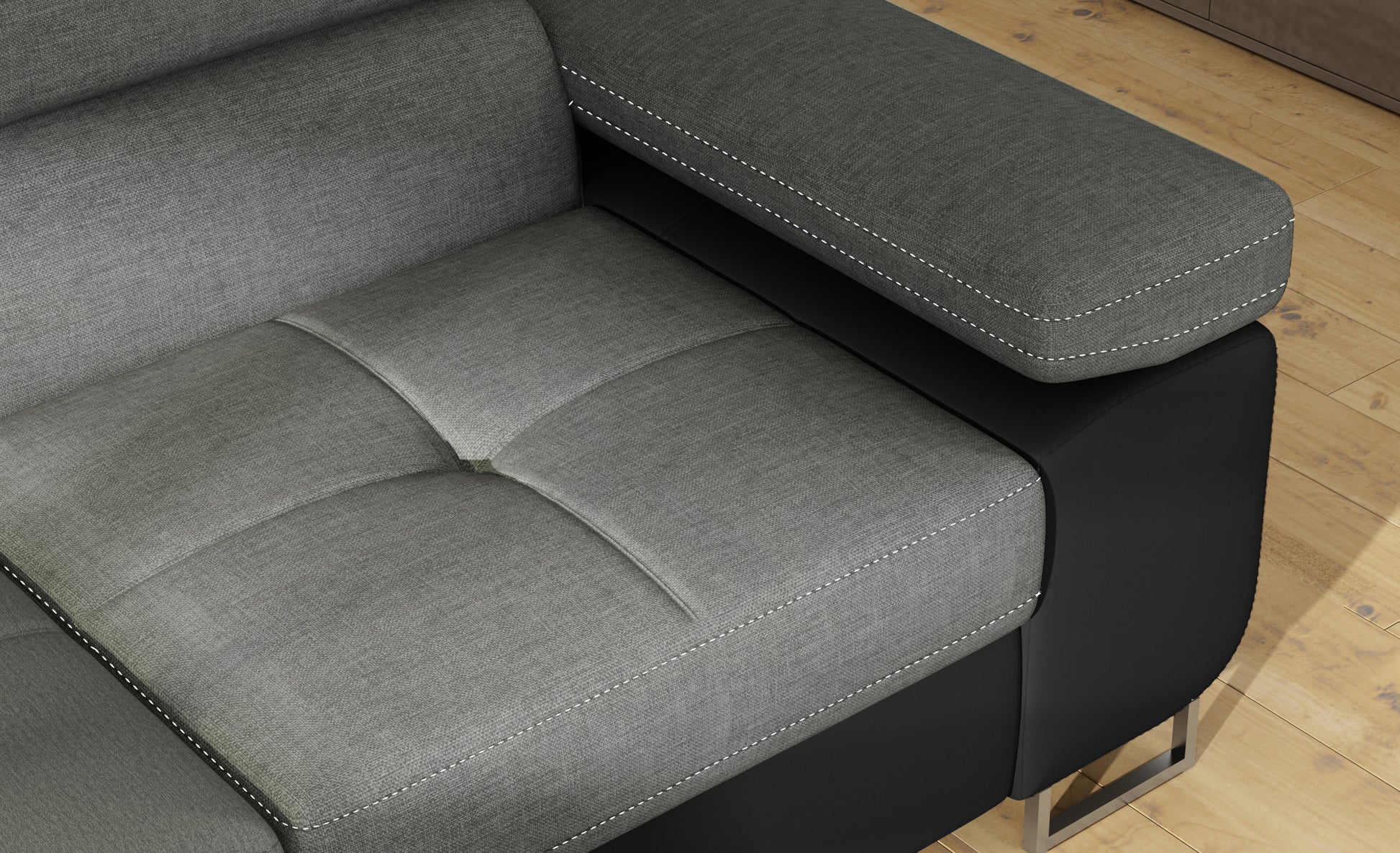 Podłokietnik narożnika Anton w kolorze Sawana 21 szary / Soft 11 czarny – widok z góry.