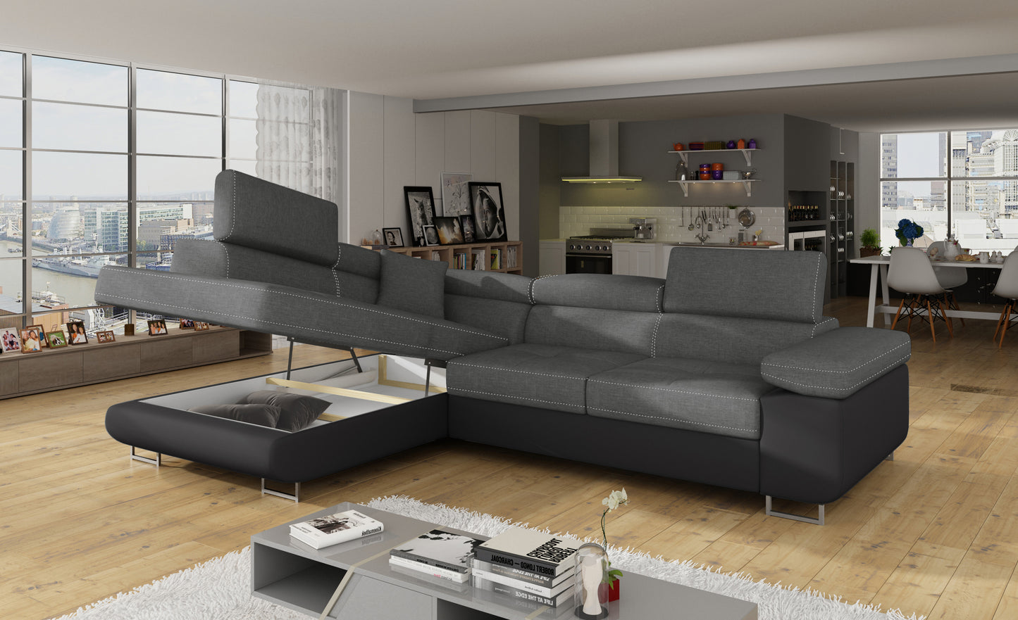 Narożnik Anton Sawana 21 szary / Soft 11 czarny z otwartym pojemnikiem na pościel.