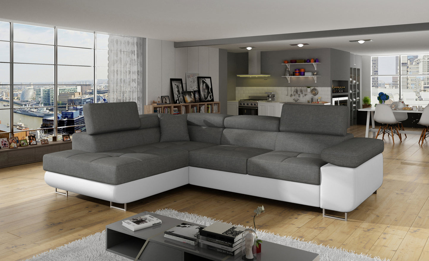 Narożnik Anton Sawana 21 szary / Soft 17 biały w aranżacji nowoczesnego salonu.