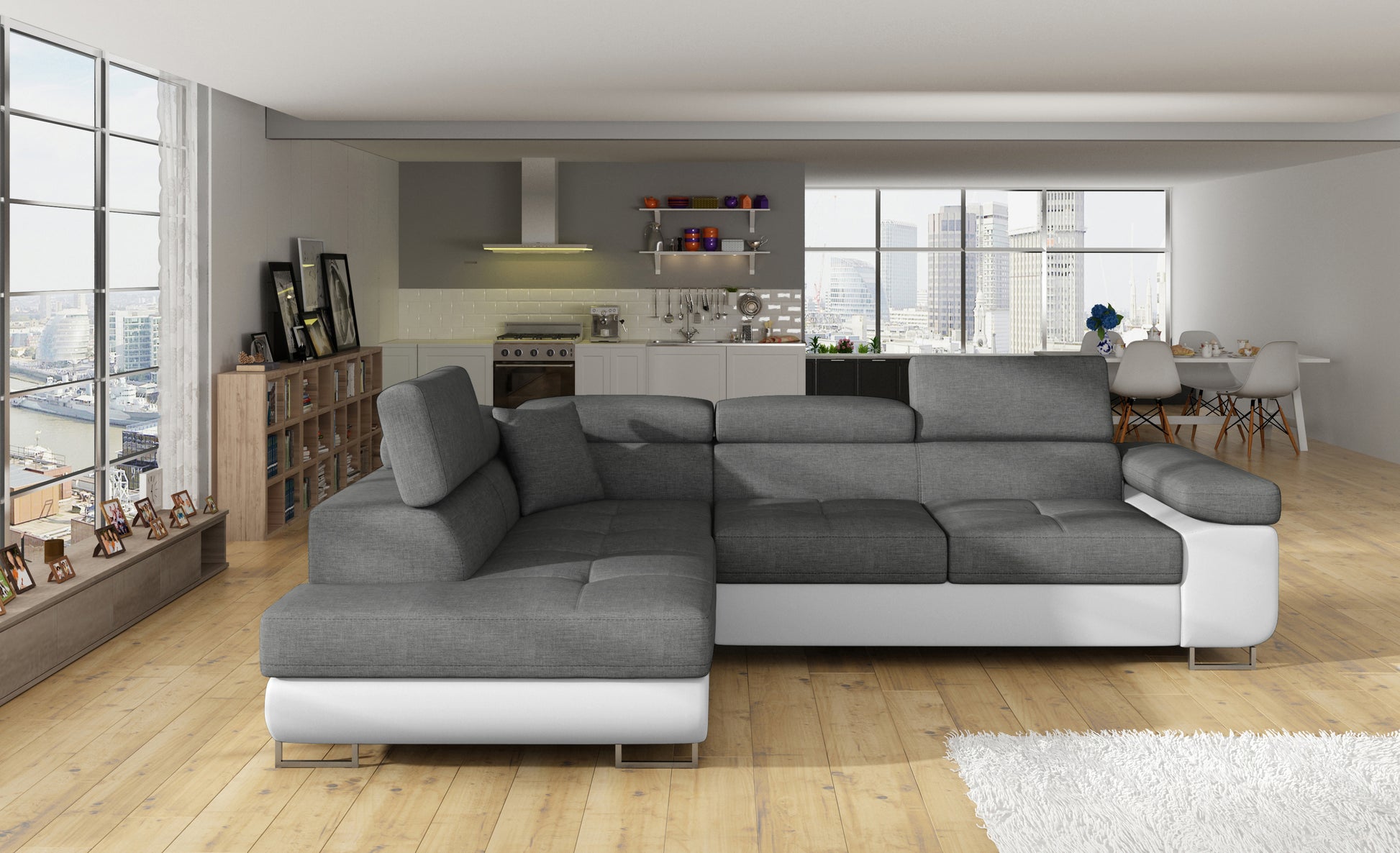 Narożnik Anton Sawana 21 szary / Soft 17 biały – pełny widok w przestronnym salonie.