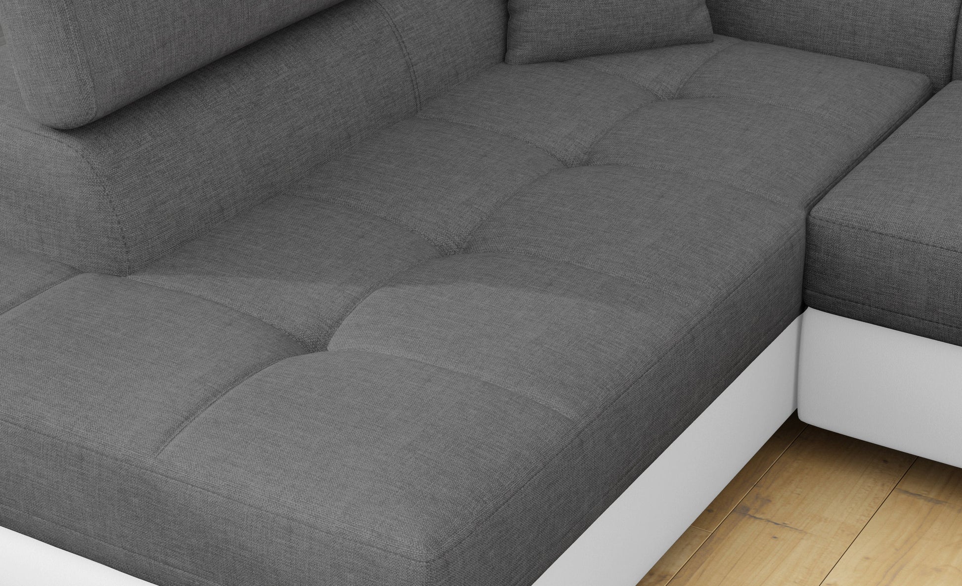 Zbliżenie na siedzisko narożnika Anton w kolorze Sawana 21 szary / Soft 17 biały.