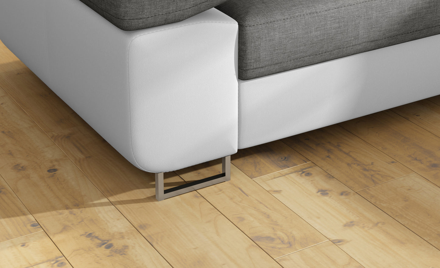 Detal metalowej nóżki narożnika Anton Sawana 21 szary / Soft 17 biały.