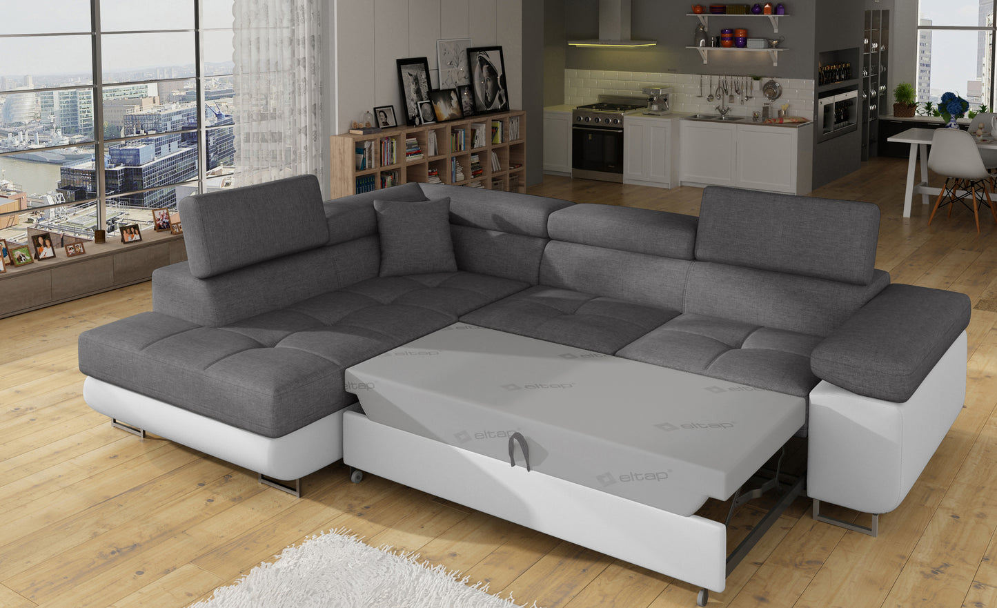 Narożnik Anton Sawana 21 szary / Soft 17 biały rozłożony do funkcji spania – widok w salonie.