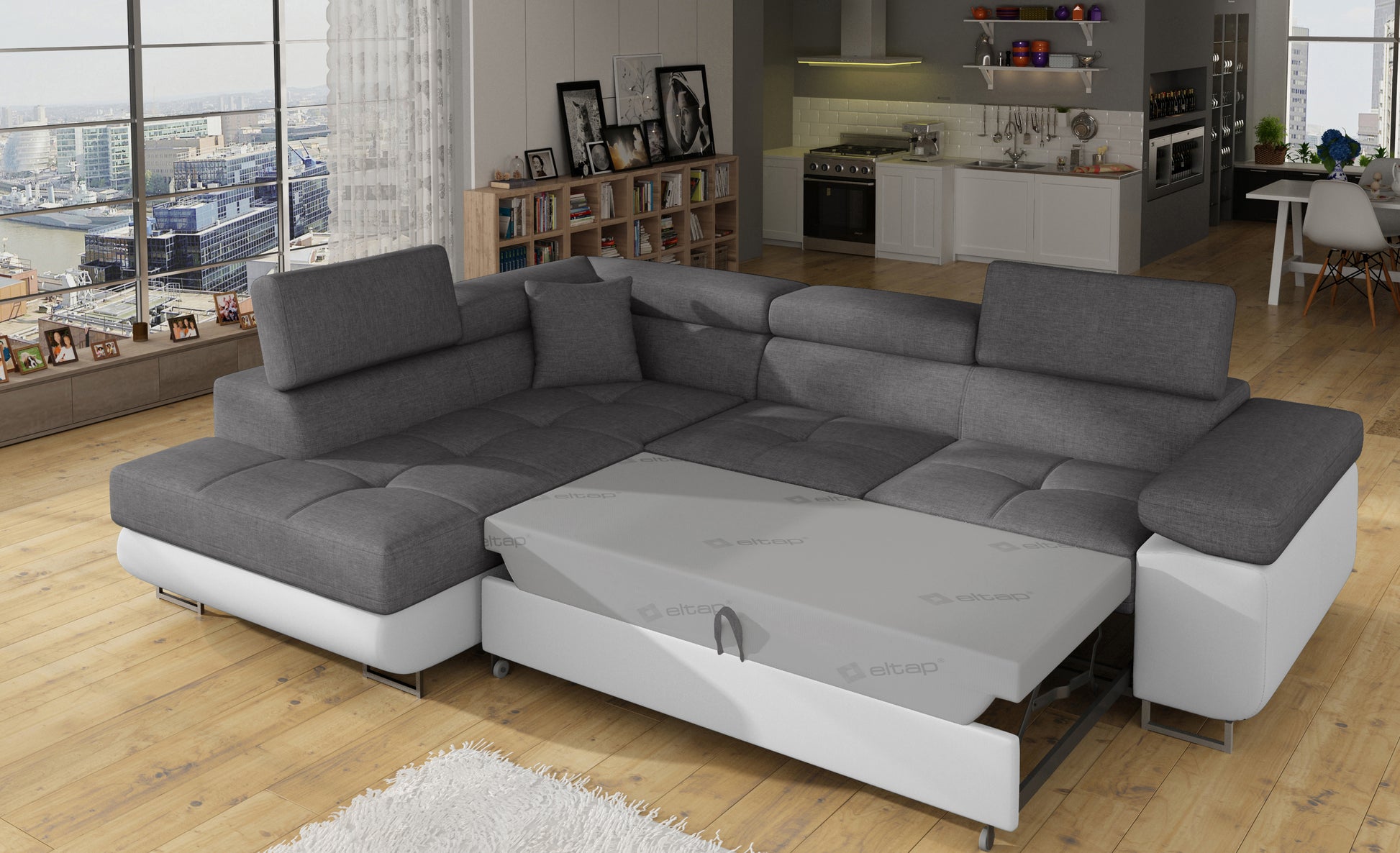 Narożnik Anton Sawana 21 szary / Soft 17 biały rozłożony do funkcji spania – widok w salonie.