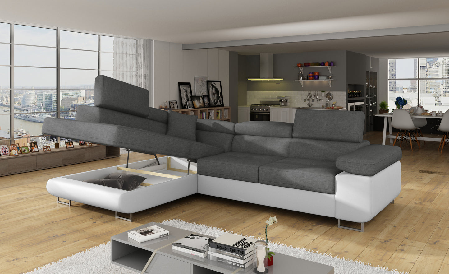 Narożnik Anton Sawana 21 szary / Soft 17 biały z otwartym pojemnikiem na pościel.