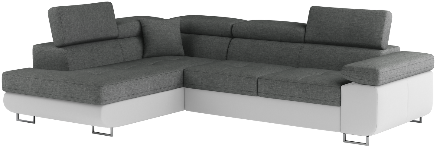 Narożnik Anton w kolorze Sawana 21 szary / Soft 17 biały, układ lewy – widok z przodu pod kątem.