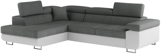 Narożnik Anton w kolorze Sawana 21 szary / Soft 17 biały, układ lewy – widok z przodu pod kątem.