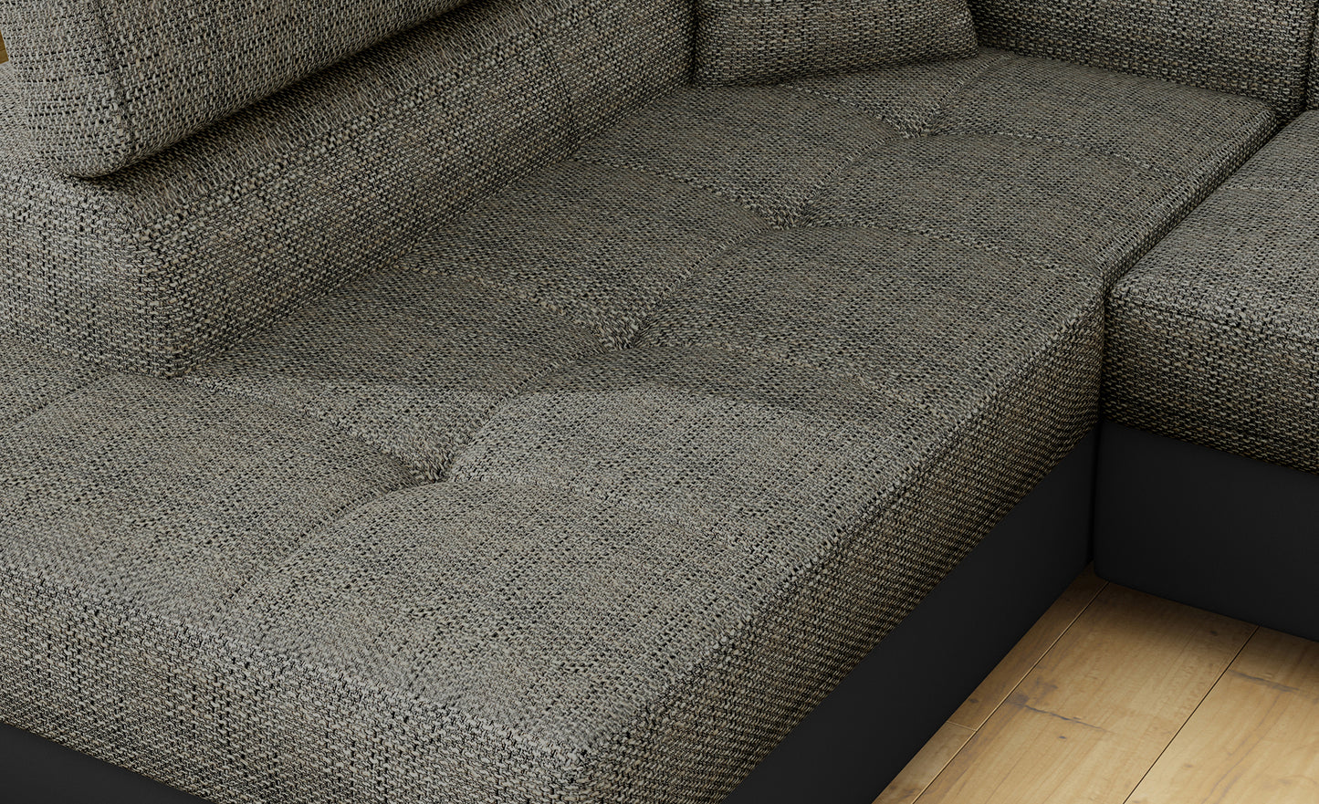 Zbliżenie na siedzisko narożnika Anton w kolorze Berlin 01 czarny / Soft 11 czarny.