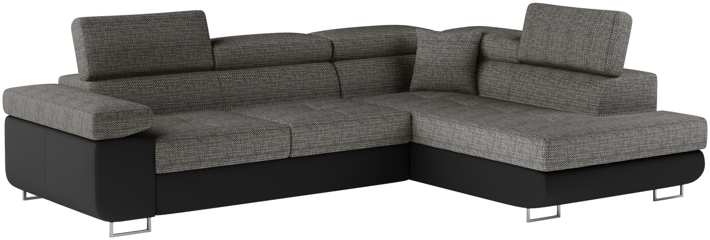 Narożnik Anton w kolorze Berlin 01 czarny / Soft 11 czarny, układ prawy – widok z przodu pod kątem.