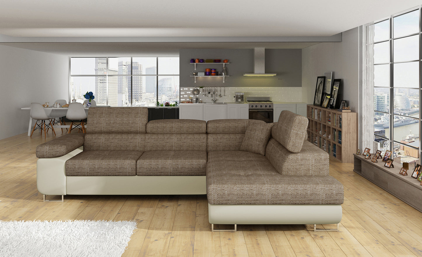 Narożnik Anton Berlin 03 ciemnobeżowy / Soft 33 beżowy – pełny widok w aranżacji salonu.