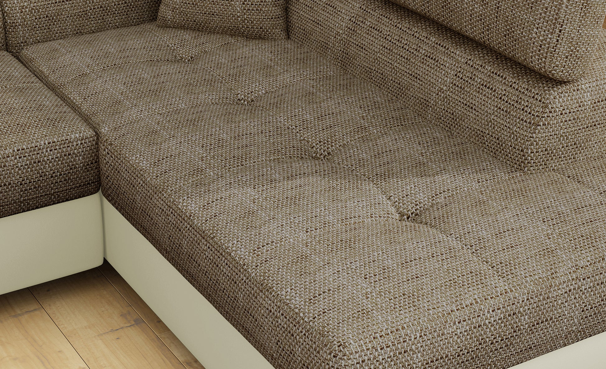 Zbliżenie na siedzisko narożnika Anton w kolorze Berlin 03 ciemnobeżowy / Soft 33 beżowy.