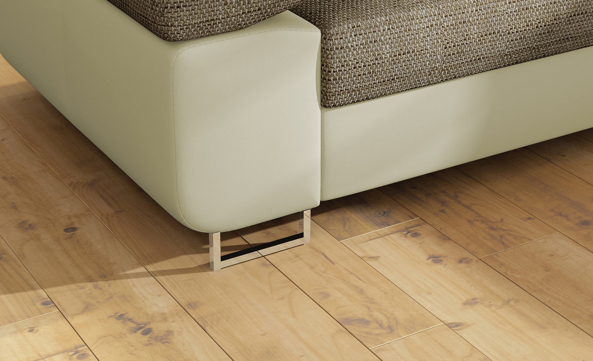 Detal nóżki narożnika Anton Berlin 03 ciemnobeżowy / Soft 33 beżowy – metalowy stelaż.