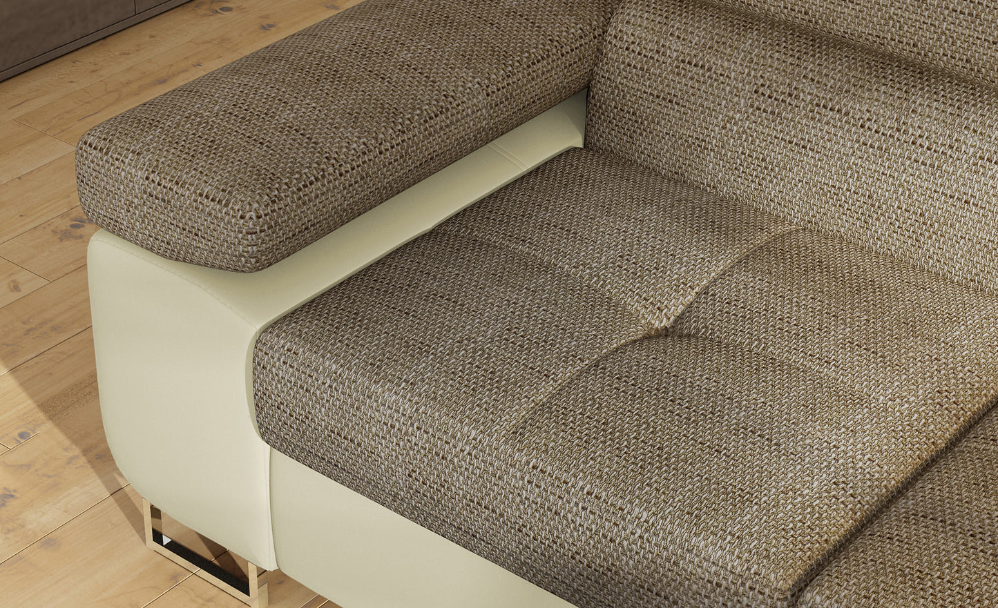 Zbliżenie na podłokietnik narożnika Anton w kolorze Berlin 03 ciemnobeżowy / Soft 33 beżowy.