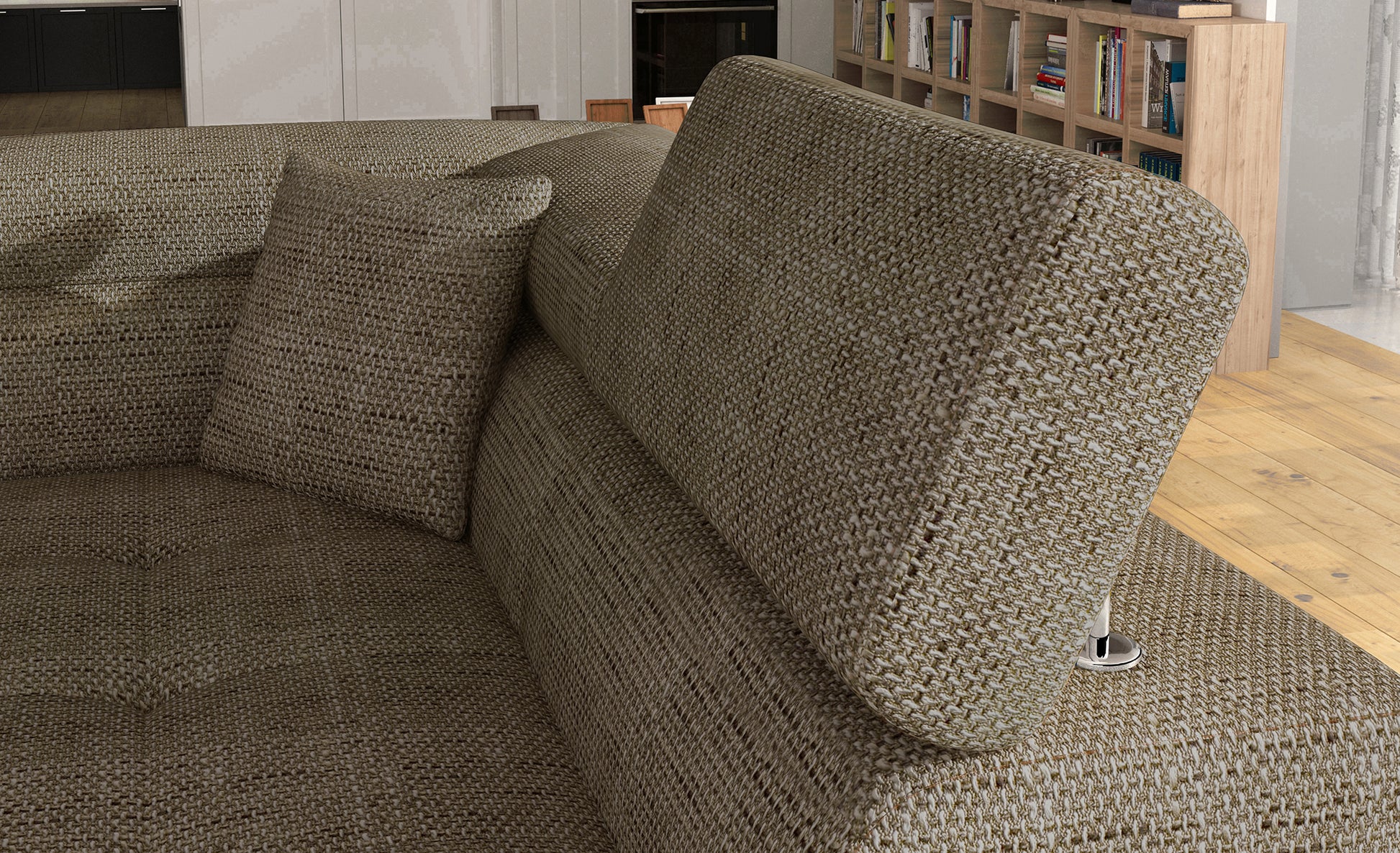 Zagłówek i poduszka narożnika Anton Berlin 03 ciemnobeżowy / Soft 33 beżowy – detal wykończenia.