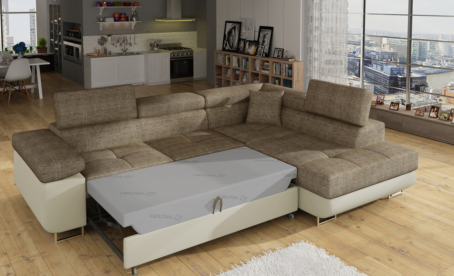 Narożnik Anton Berlin 03 ciemnobeżowy / Soft 33 beżowy rozłożony do funkcji spania – ujęcie w salonie.