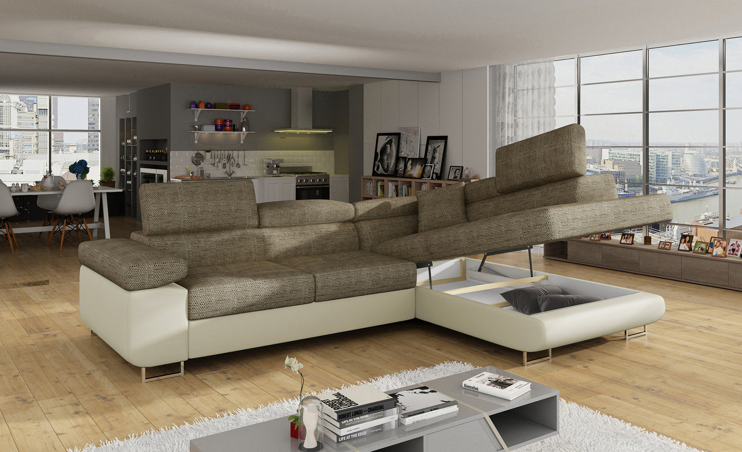 Narożnik Anton Berlin 03 ciemnobeżowy / Soft 33 beżowy z otwartym pojemnikiem na pościel – widok w salonie.