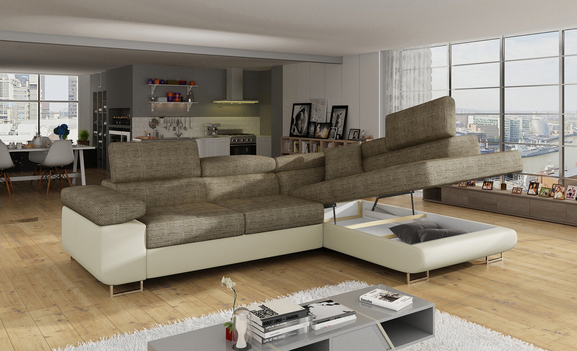 Narożnik Anton Berlin 03 ciemnobeżowy / Soft 33 beżowy z otwartym pojemnikiem na pościel – widok w salonie.