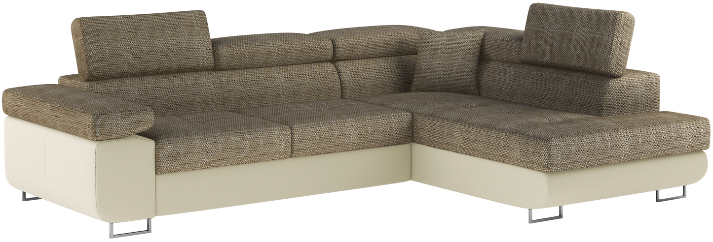 Narożnik Anton w kolorze Berlin 03 ciemnobeżowy / Soft 33 beżowy, układ prawy – widok z przodu pod kątem.
