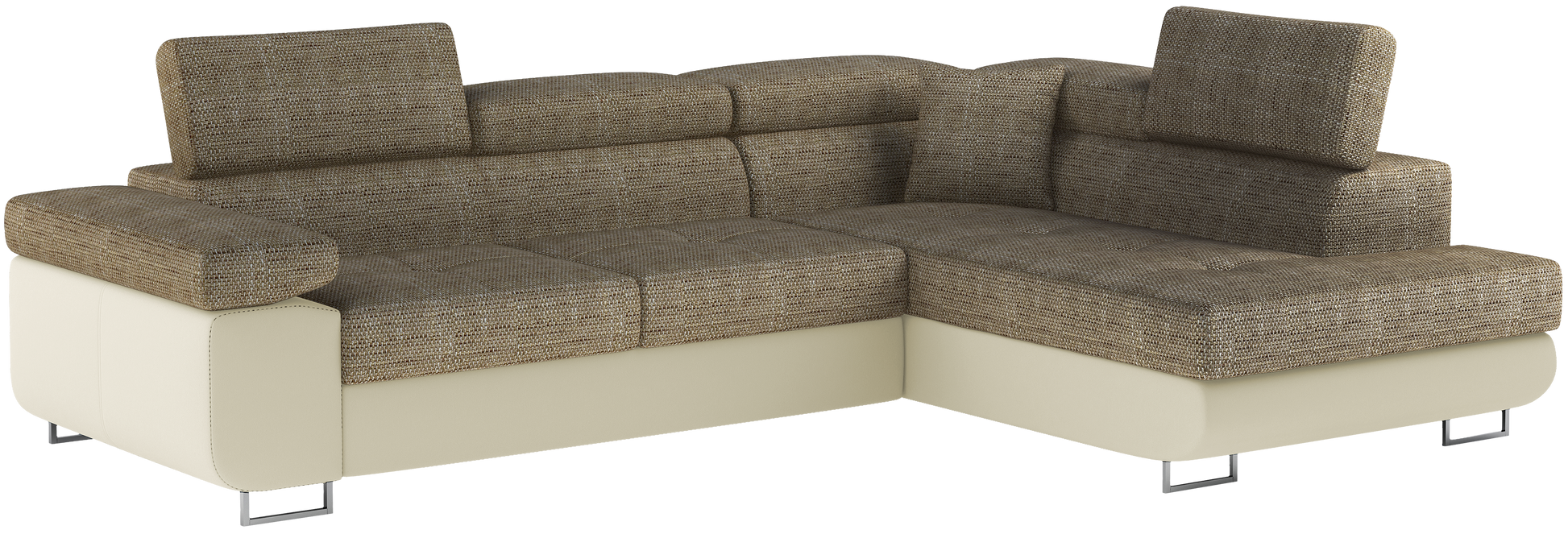 Narożnik Anton w kolorze Berlin 03 ciemnobeżowy / Soft 33 beżowy, układ prawy – widok z przodu pod kątem.