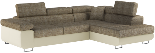 Narożnik Anton w kolorze Berlin 03 ciemnobeżowy / Soft 33 beżowy, układ prawy – widok z przodu pod kątem.