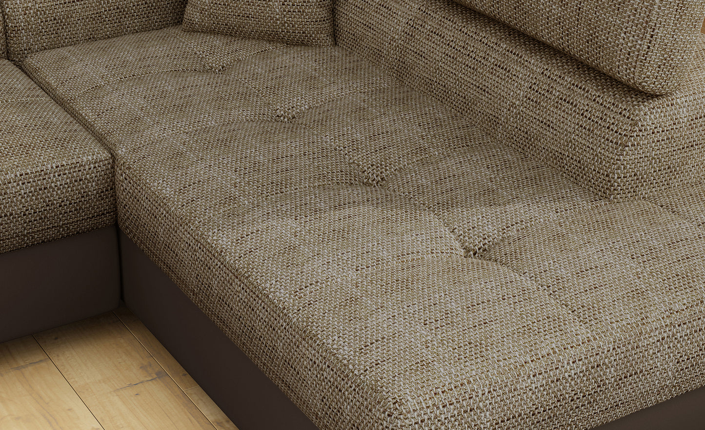 Zbliżenie na siedzisko narożnika Anton w kolorze Berlin 03 ciemnobeżowy / Soft 66 brązowy.
