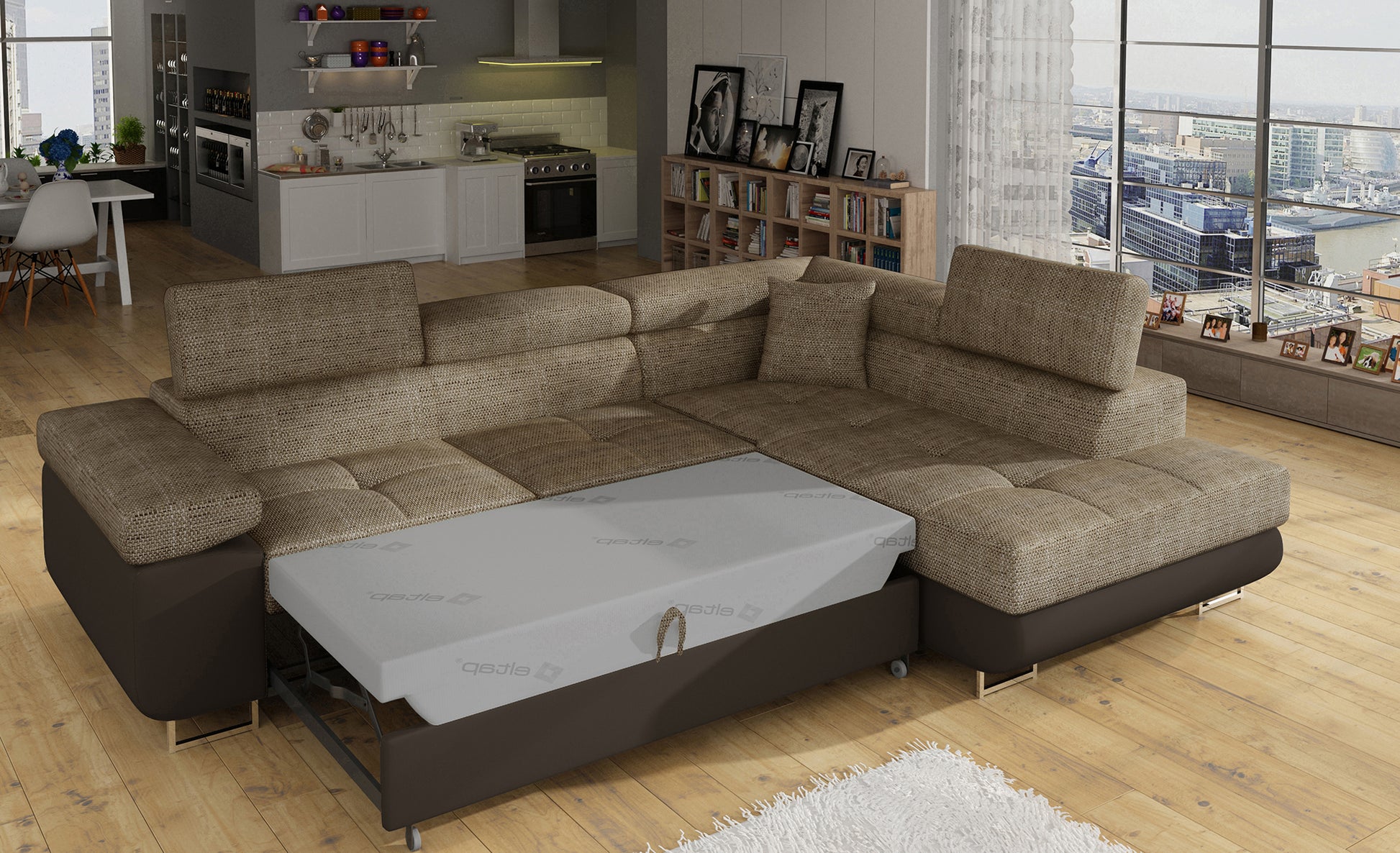 Narożnik Anton Berlin 03 ciemnobeżowy / Soft 66 brązowy rozłożony do funkcji spania – widok w salonie.