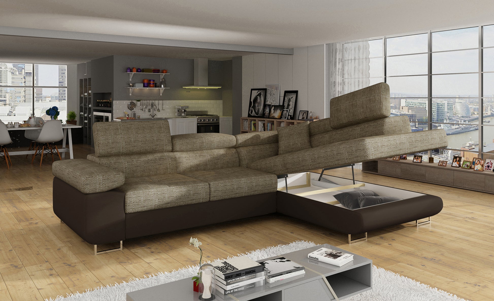 Narożnik Anton Berlin 03 ciemnobeżowy / Soft 66 brązowy z otwartym pojemnikiem na pościel.