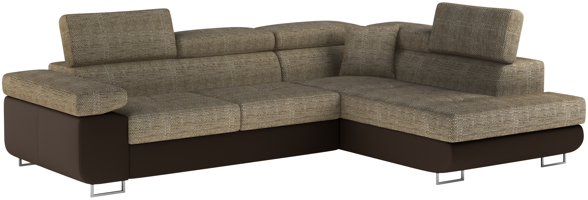 Narożnik Anton w kolorze Berlin 03 ciemnobeżowy / Soft 66 brązowy, układ prawy – widok z przodu pod kątem.