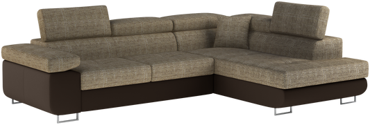 Narożnik Anton w kolorze Berlin 03 ciemnobeżowy / Soft 66 brązowy, układ prawy – widok z przodu pod kątem.