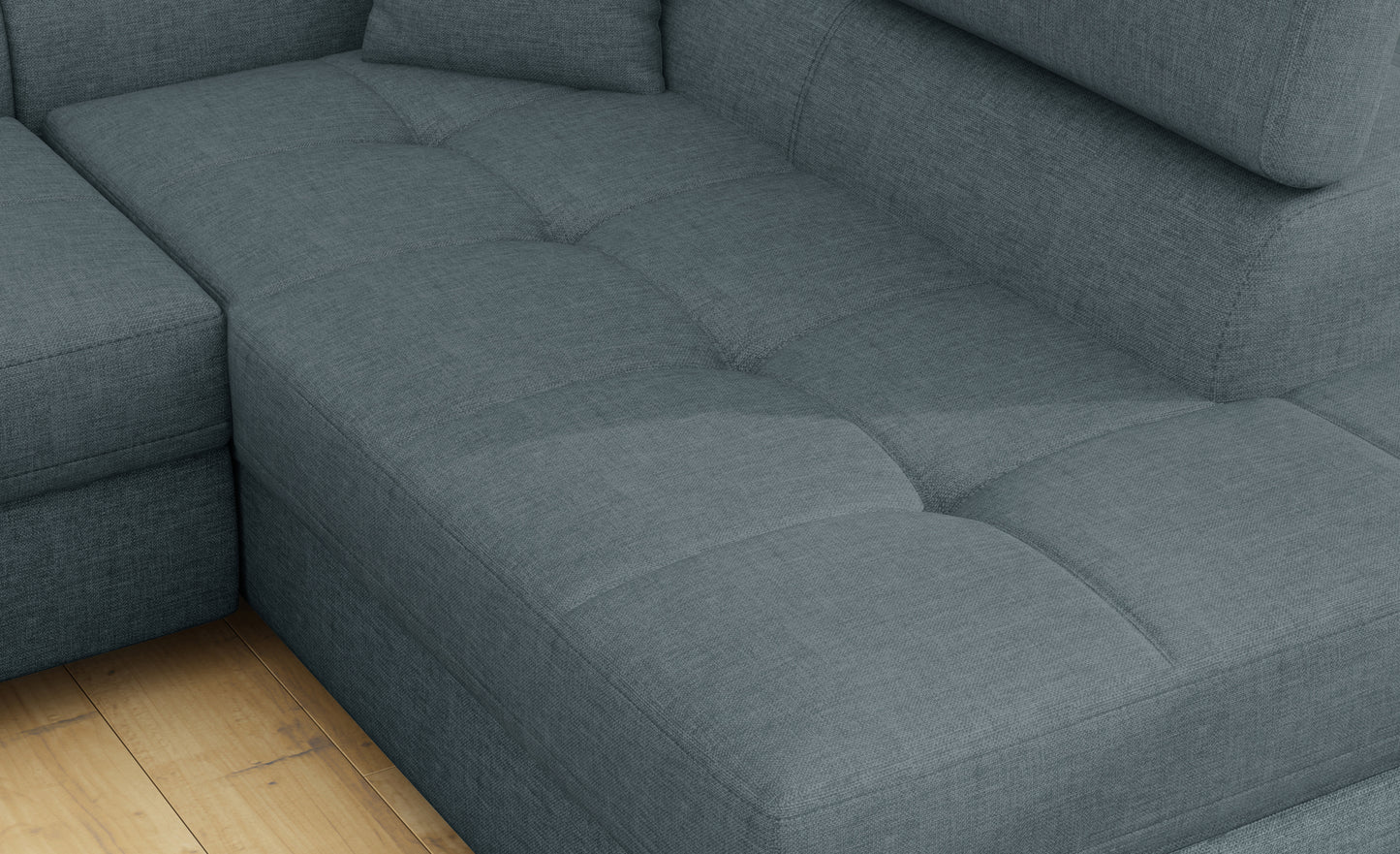 Zbliżenie na siedzisko narożnika Anton w kolorze Cover 70 niebieski.