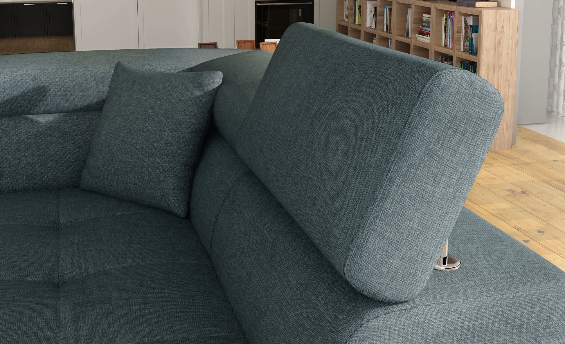 Zagłówek i poduszka narożnika Anton Cover 70 niebieski – detal wykończenia.