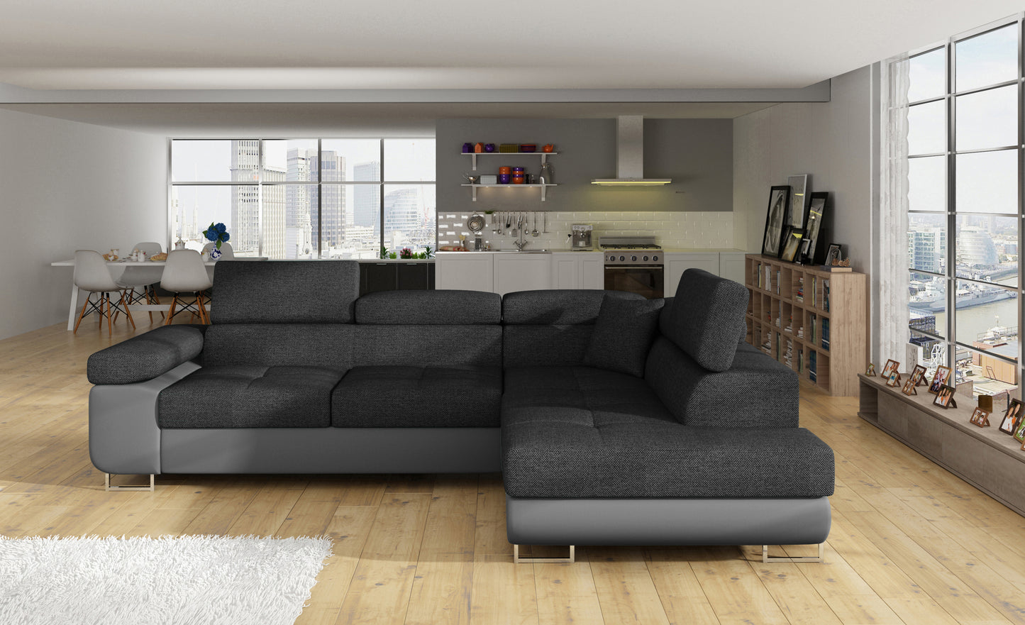 Narożnik Anton Inari 96 ciemnoszary / Soft 29 szary – pełny widok w przestronnym salonie.