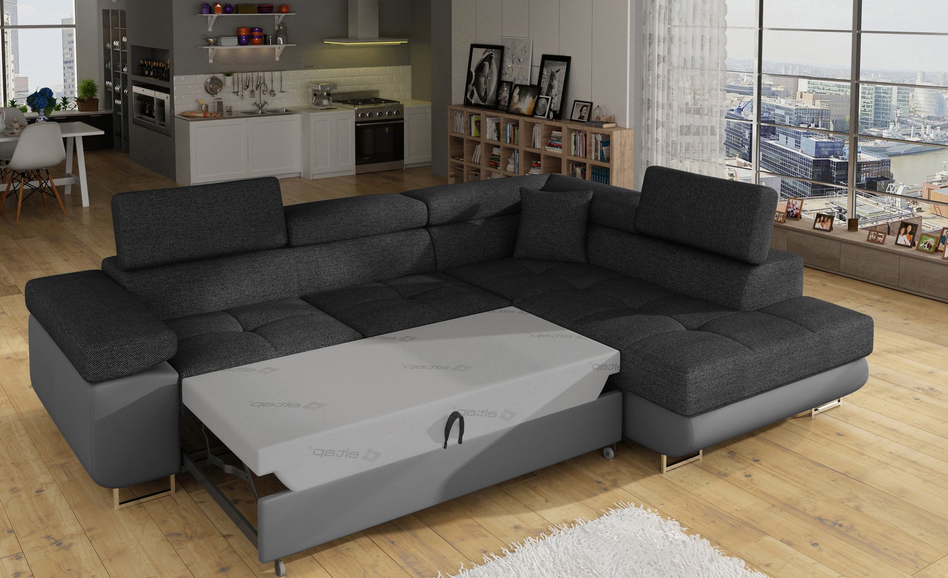 Narożnik Anton Inari 96 ciemnoszary / Soft 29 szary rozłożony do funkcji spania – widok w salonie.