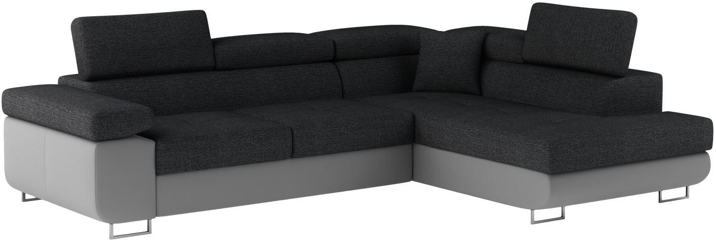 Narożnik Anton w kolorze Inari 96 ciemnoszary / Soft 29 szary, układ prawy – widok z przodu pod kątem.